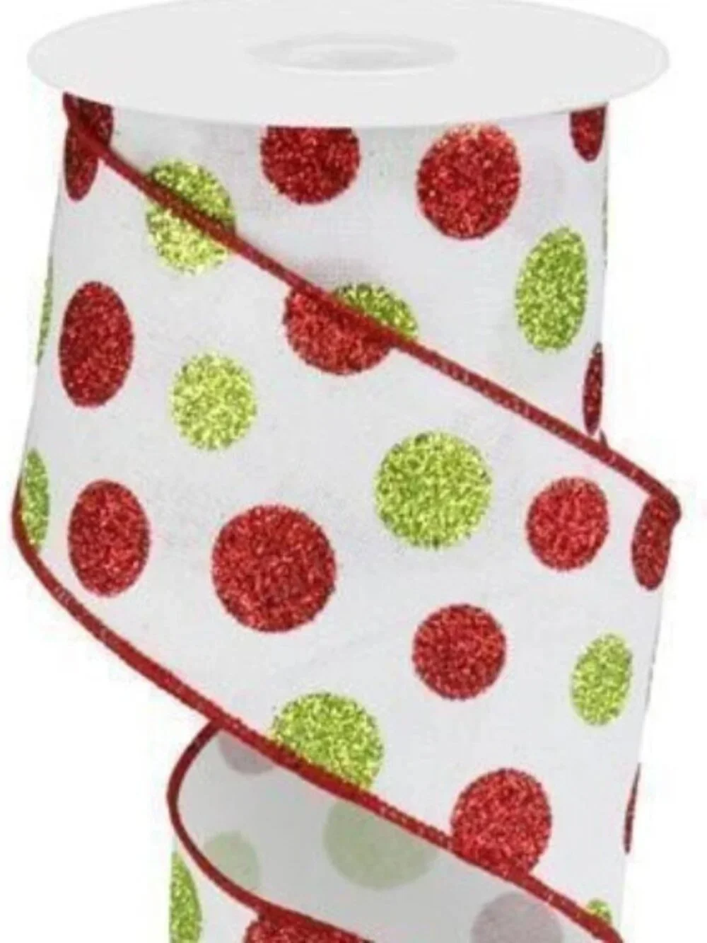 2.5 inch Green and Red Glittered Polka Dots Wired Christmas Ribbon Crafts